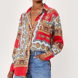 Nasty Gal Scarf Print Satin Long Sleeve Shirt